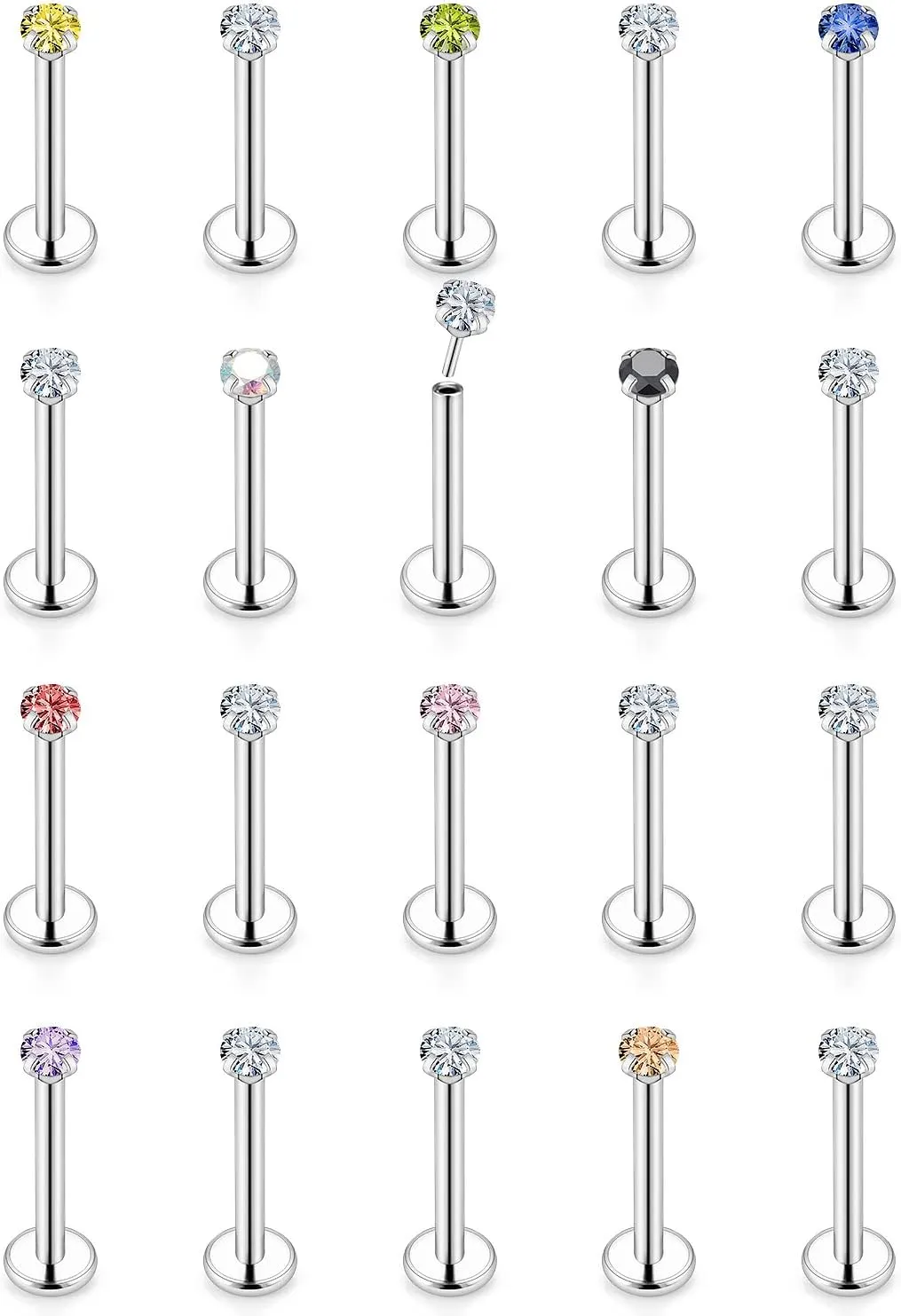 Vsnnsns 16G 18G 20G Threadless Push in Lip Rings Stainless Steel Flat Back Nose Rings Studs Tragus Helix Conch Cartilage Lobe Earrings Stud Piercing Jewelry for Women Men Diamond CZ Silver 20PCS