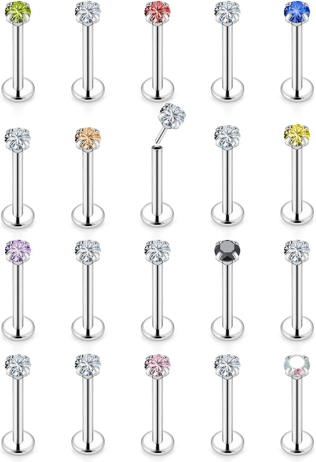Vsnnsns 16G 18G 20G Threadless Push in Lip Rings Stainless Steel Flat Back Nose Rings Studs Tragus Helix Conch Cartilage Lobe Earrings Stud Piercing Jewelry for Women Men Diamond CZ Silver 20PCS