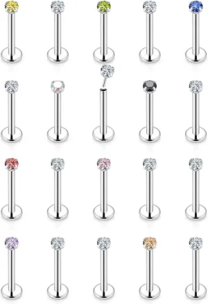 Vsnnsns 16G 18G 20G Threadless Push in Lip Rings Stainless Steel Flat Back Nose Rings Studs Tragus Helix Conch Cartilage Lobe Earrings Stud Piercing Jewelry for Women Men Diamond CZ Silver 20PCS