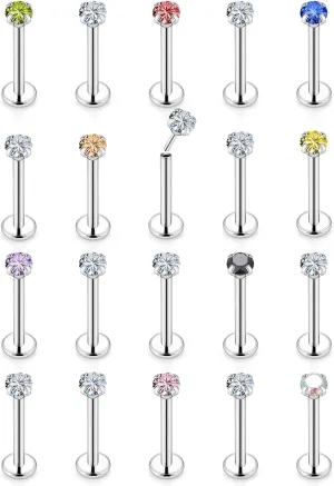 Vsnnsns 16G 18G 20G Threadless Push in Lip Rings Stainless Steel Flat Back Nose Rings Studs Tragus Helix Conch Cartilage Lobe Earrings Stud Piercing Jewelry for Women Men Diamond CZ Silver 20PCS