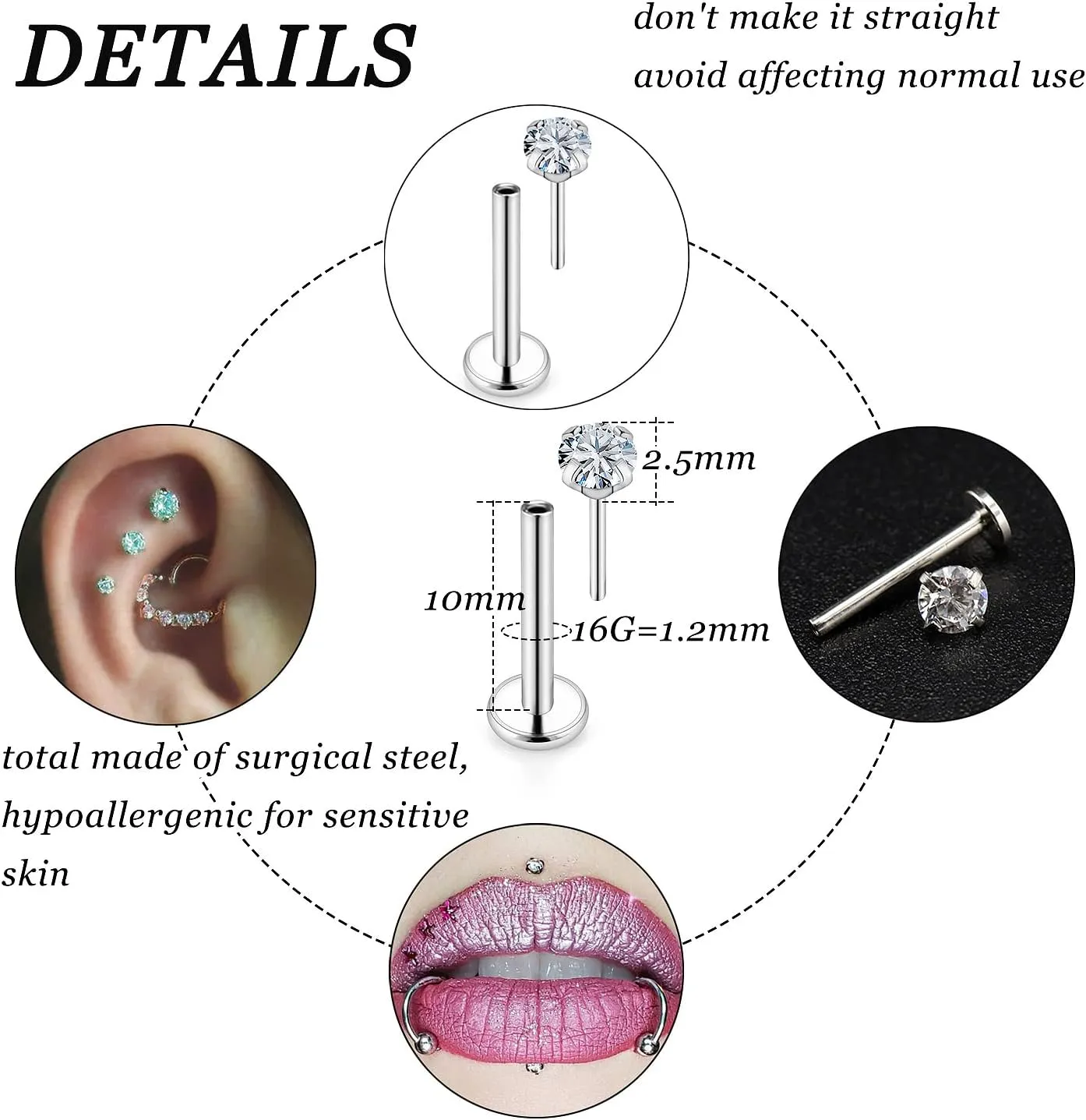 Vsnnsns 16G 18G 20G Threadless Push in Lip Rings Stainless Steel Flat Back Nose Rings Studs Tragus Helix Conch Cartilage Lobe Earrings Stud Piercing Jewelry for Women Men Diamond CZ Silver 20PCS