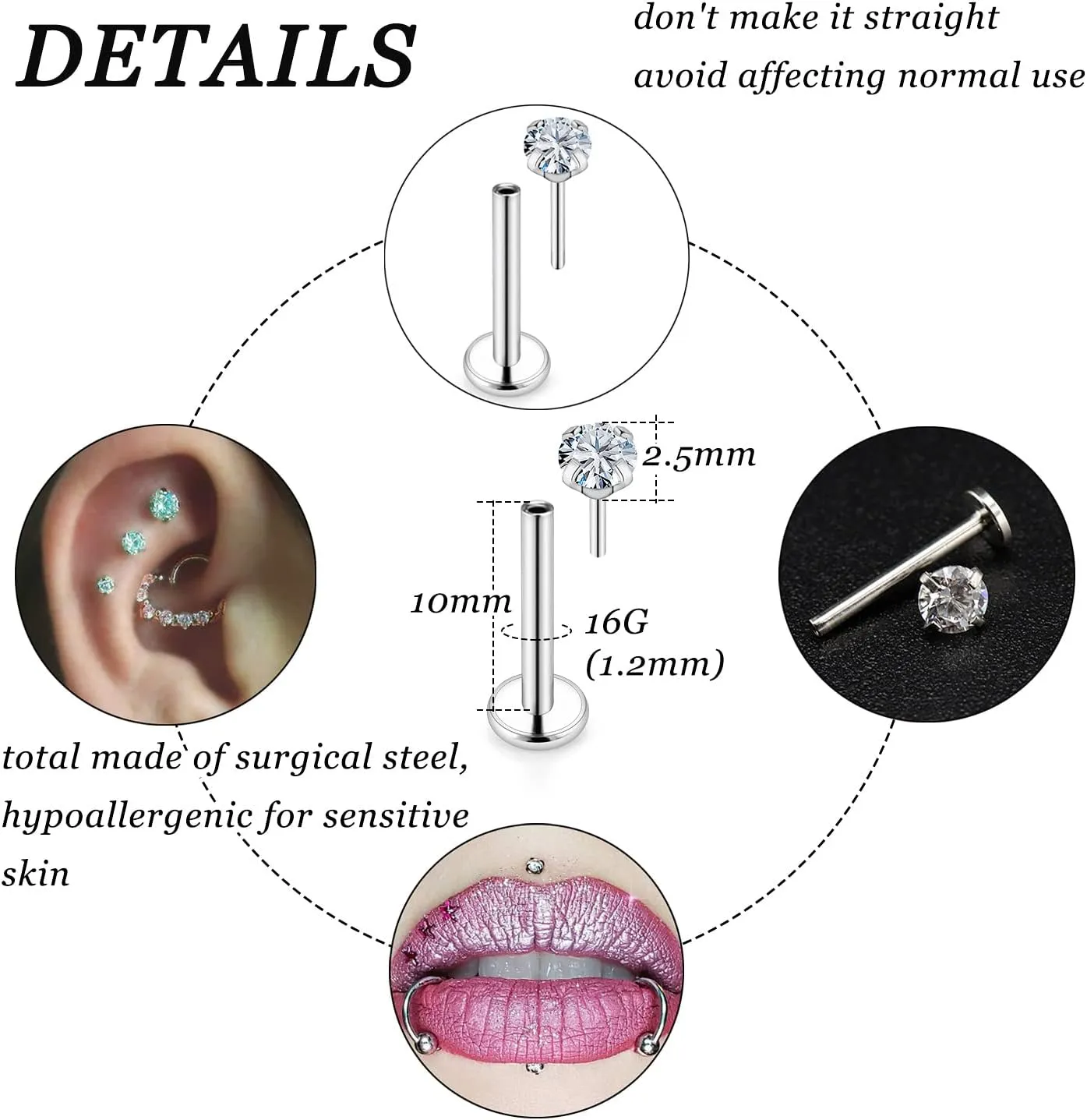 Vsnnsns 16G 18G 20G Threadless Push in Lip Rings Stainless Steel Flat Back Nose Rings Studs Tragus Helix Conch Cartilage Lobe Earrings Stud Piercing Jewelry for Women Men Diamond CZ Silver