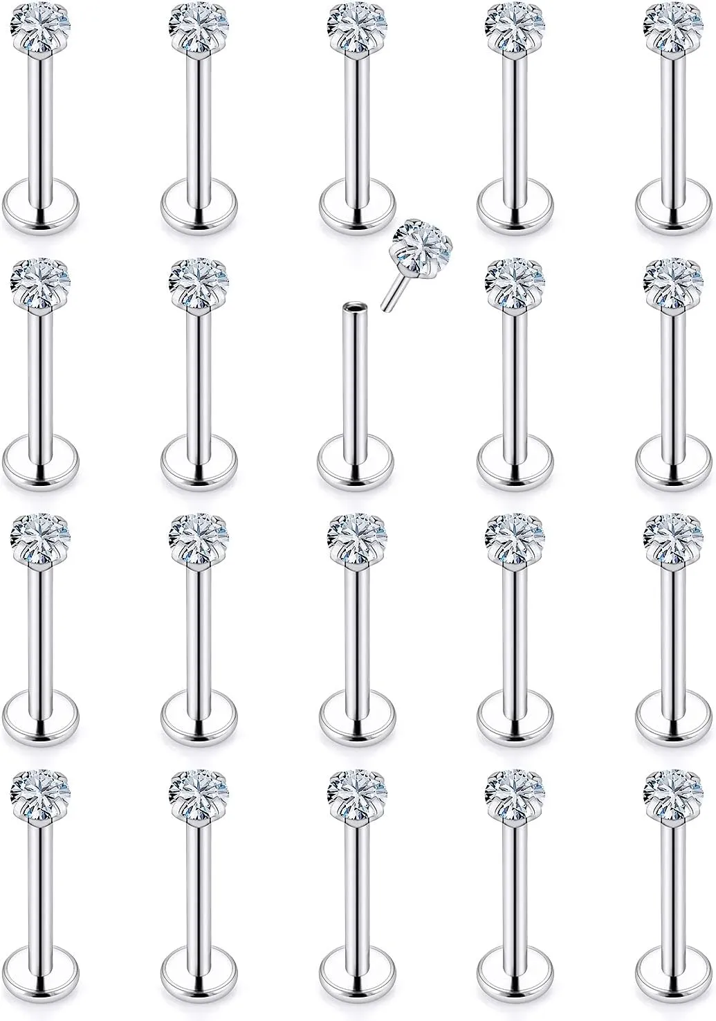 Vsnnsns 16G 18G 20G Threadless Push in Lip Rings Stainless Steel Flat Back Nose Rings Studs Tragus Helix Conch Cartilage Lobe Earrings Stud Piercing Jewelry for Women Men Diamond CZ Silver