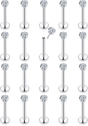 Vsnnsns 16G 18G 20G Threadless Push in Lip Rings Stainless Steel Flat Back Nose Rings Studs Tragus Helix Conch Cartilage Lobe Earrings Stud Piercing Jewelry for Women Men Diamond CZ Silver