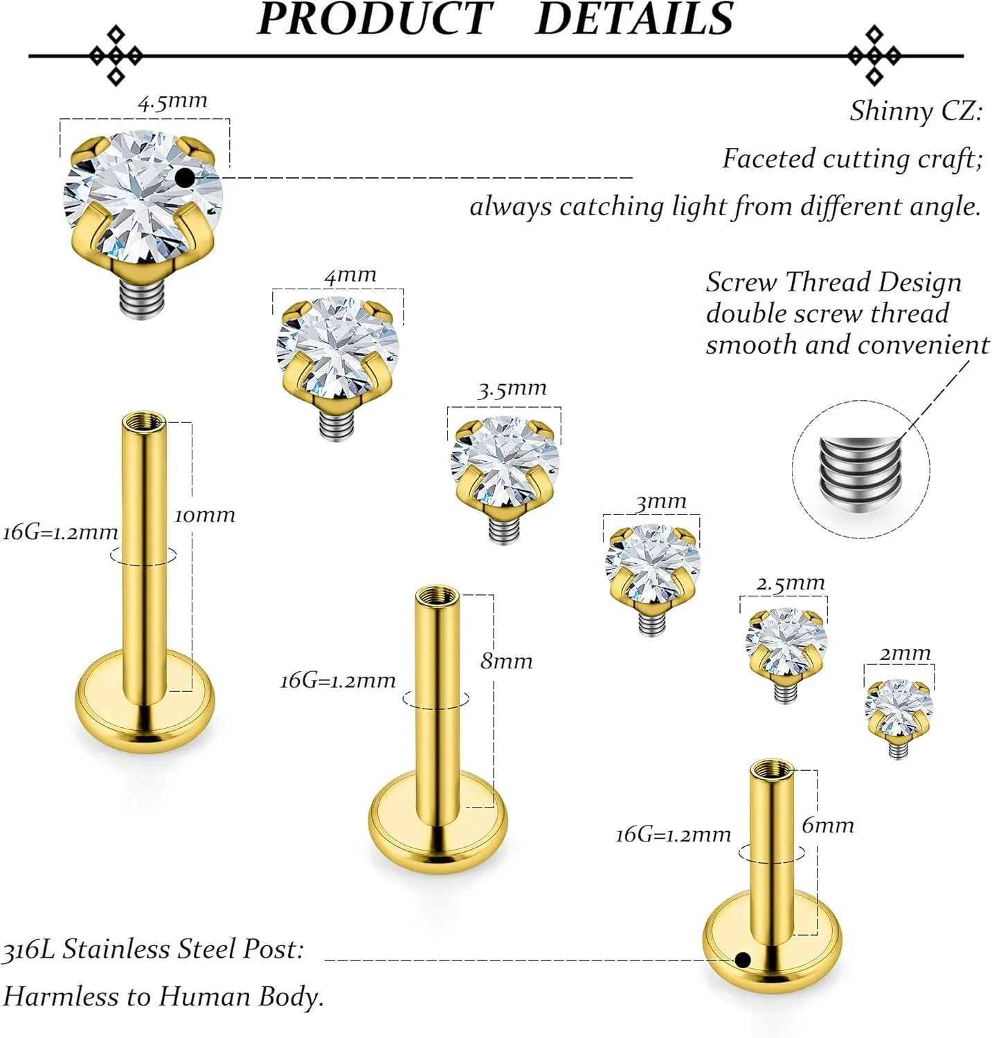 Vsnnsns 16G Lip Rings Stainless Steel Tragus Helix Conch Piercing Jewelry Snake Bite Piercing Monroe Lip Rings Labret Medusa Cartilage Lobe Earrings Piercing Jewelry CZ 2MM/2.5MM/3MM/3.5MM/4MM/4.5MM