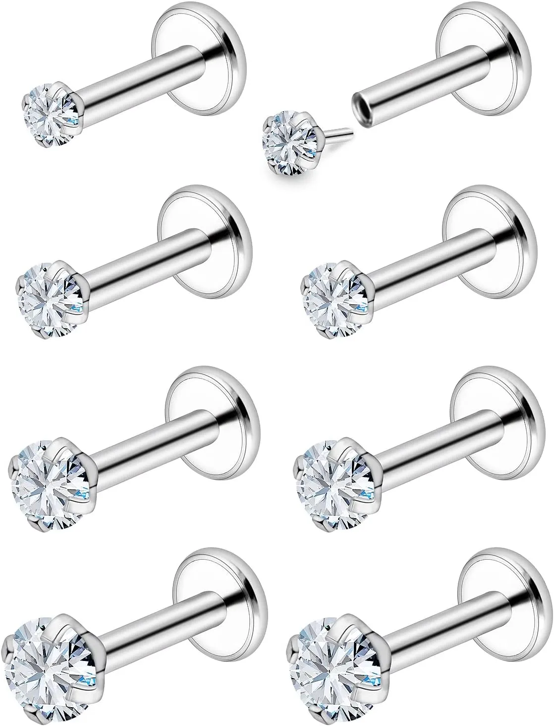 Vsnnsns 18G 20G Threadless Push in Nose Rings Studs for Women Stainless Steel Flat Back Studs Earrings Diamond CZ Tragus Helix Conch Cartilage Lobe Earrings Stud Piercing Jewelry for Women Men Silver