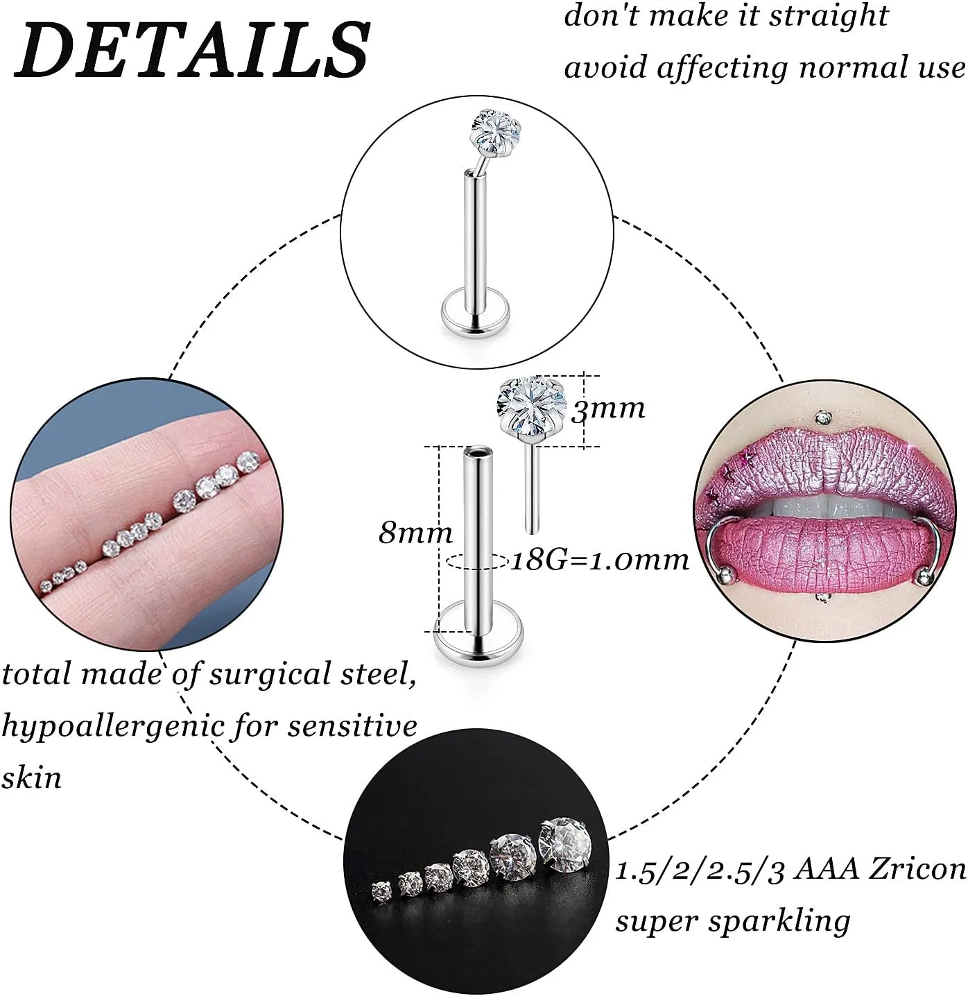 Vsnnsns 18G 20G Threadless Push in Nose Rings Studs for Women Stainless Steel Flat Back Studs Earrings Diamond CZ Tragus Helix Conch Cartilage Lobe Earrings Stud Piercing Jewelry for Women Men Silver