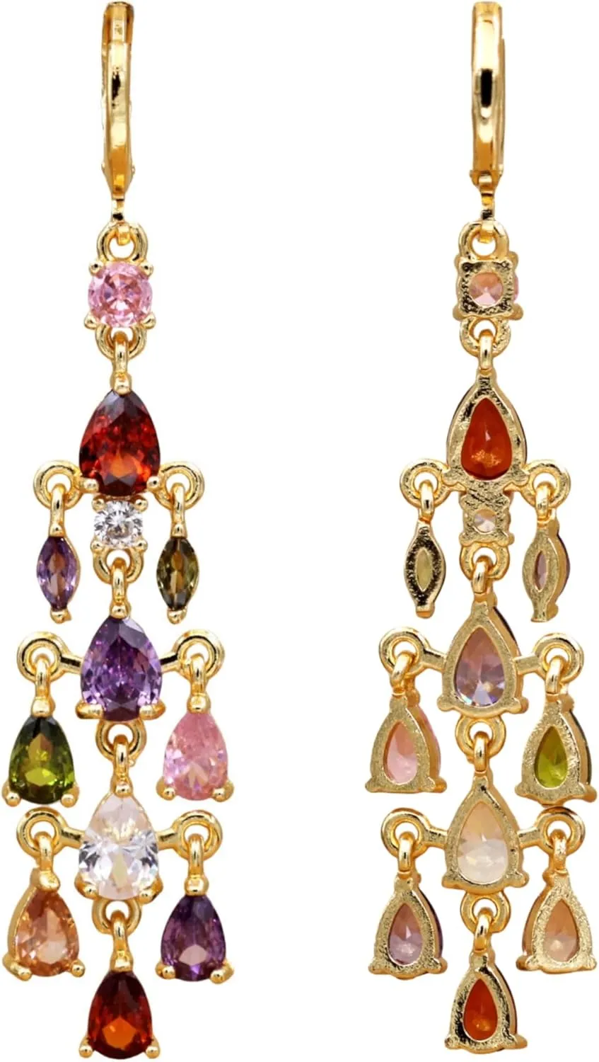Vuskdtei18K Gold Plated Flower Dangle Earrings for Women, Hypoallergenic Cubic Zirconia Earrings, Elegant Chandelier Drop Earrings, Statement Jewelry Gifts Fashion