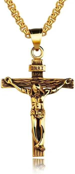 VUTRIEU2K Cross Crucifix Jesus Piece Pendant & Necklace Gold Color Stainless Steel Men Chain Christian Jewelry Gifts Vintage (Style 2)
