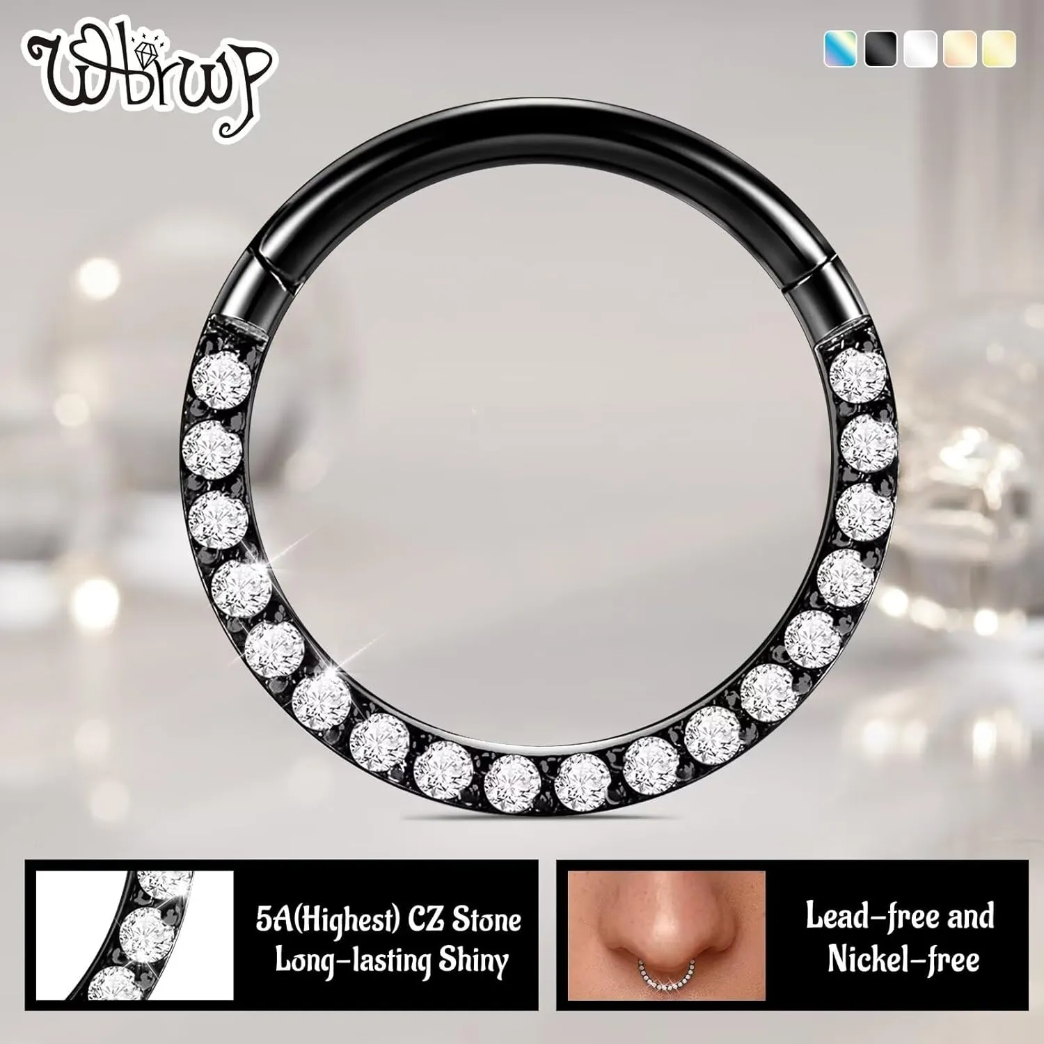 WBRWP Hinged CZ Septum Nose Rings Hoops: 316L Surgical Steel Septum Rings for Women 20G 18G 16G 14G Cartilage Earrings Conch Helix Daith Piercing Jewelry Rook Tragus Lobe Hoop 6mm 8mm 10mm