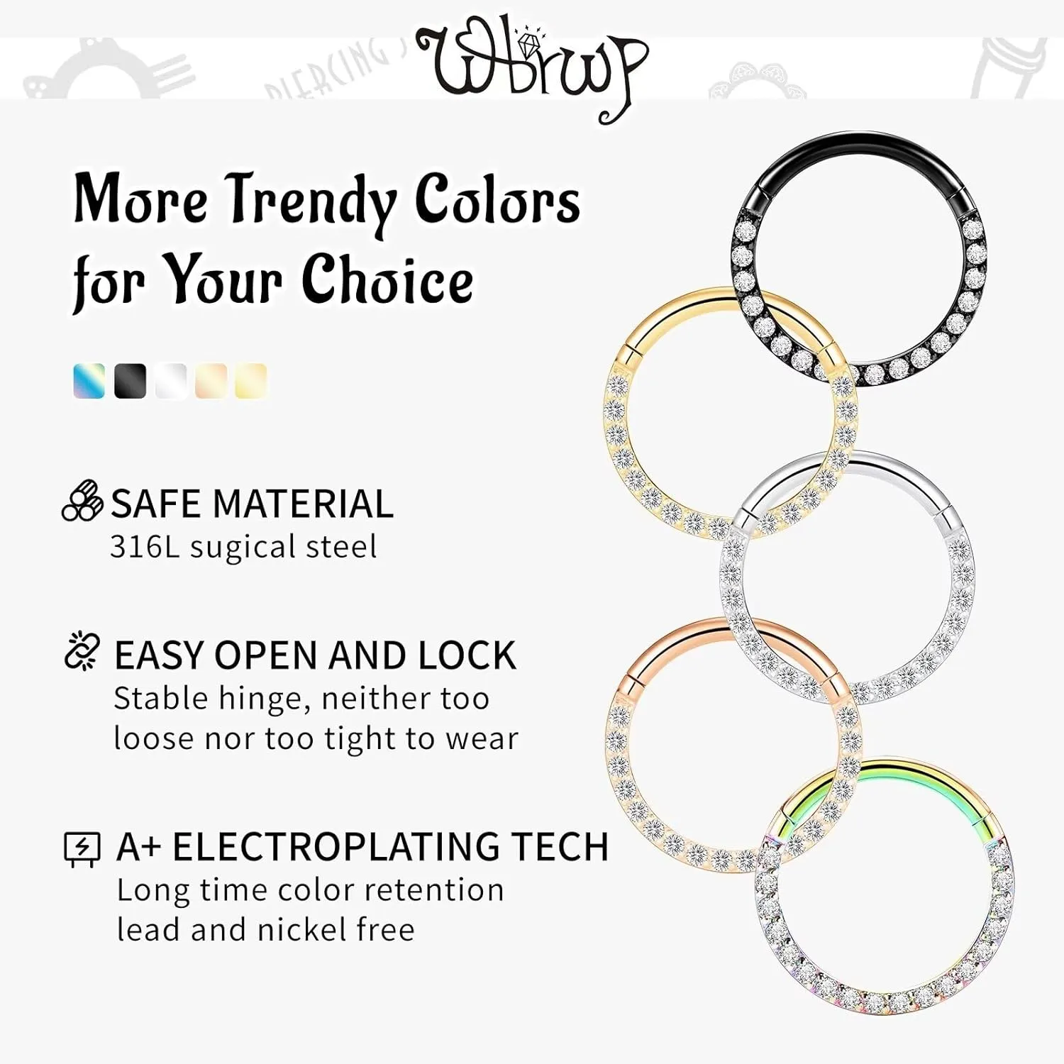 WBRWP Hinged CZ Septum Nose Rings Hoops: 316L Surgical Steel Septum Rings for Women 20G 18G 16G 14G Cartilage Earrings Conch Helix Daith Piercing Jewelry Rook Tragus Lobe Hoop 6mm 8mm 10mm