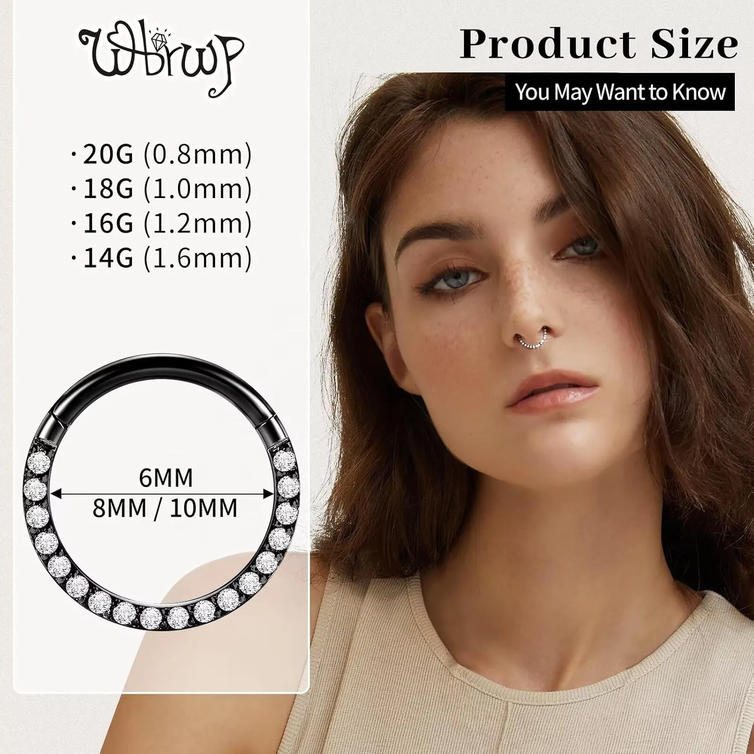WBRWP Hinged CZ Septum Nose Rings Hoops: 316L Surgical Steel Septum Rings for Women 20G 18G 16G 14G Cartilage Earrings Conch Helix Daith Piercing Jewelry Rook Tragus Lobe Hoop 6mm 8mm 10mm