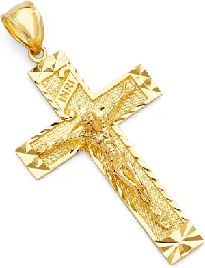 Wellingsale 14K Yellow Gold Polished Diamond Cut Religious Catholic Latin Crucifix Pendant