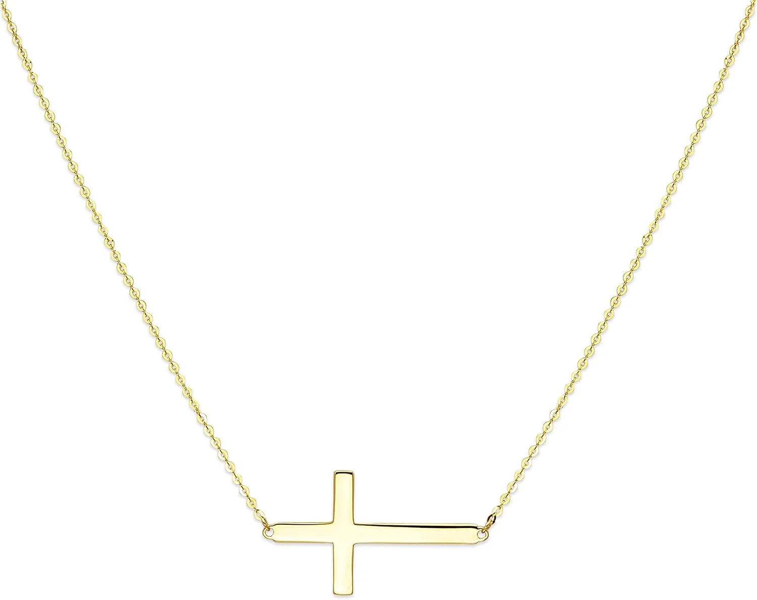 Wellingsale 14k Yellow Gold Polished Side Way Cross Necklace - 18"