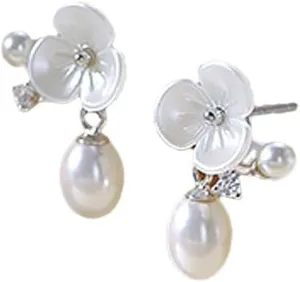 White Flower Pearl Dangle Drop Stud Earrings for Women Crystal Cubic Zirconia Acrylic Blossom Faux Pearls Dangling Earring Elegant Jewelry Gifts