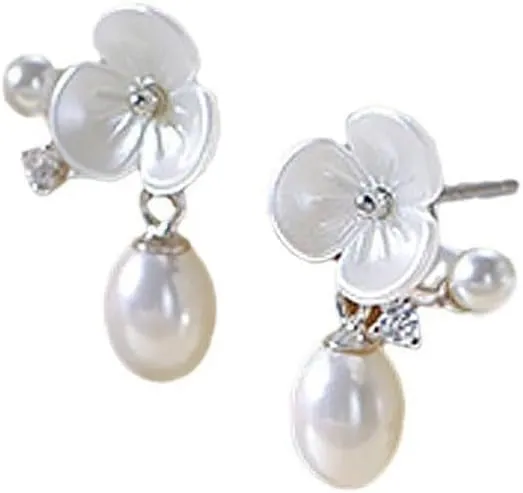 White Flower Pearl Dangle Drop Stud Earrings for Women Crystal Cubic Zirconia Acrylic Blossom Faux Pearls Dangling Earring Elegant Jewelry Gifts