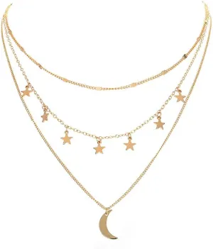 Wiwpar Boho Layered Choker Necklaces Star Chain Crescent Moon Pendant Necklace Gold for Women