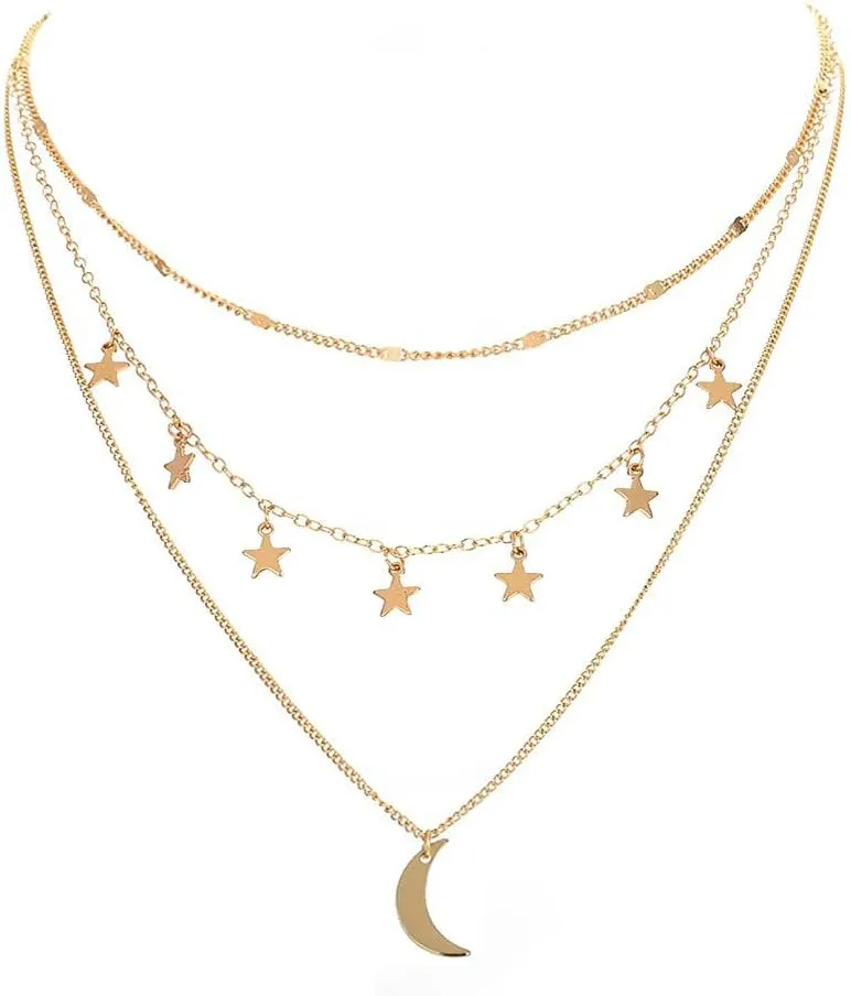 Wiwpar Boho Layered Choker Necklaces Star Chain Crescent Moon Pendant Necklace Gold for Women