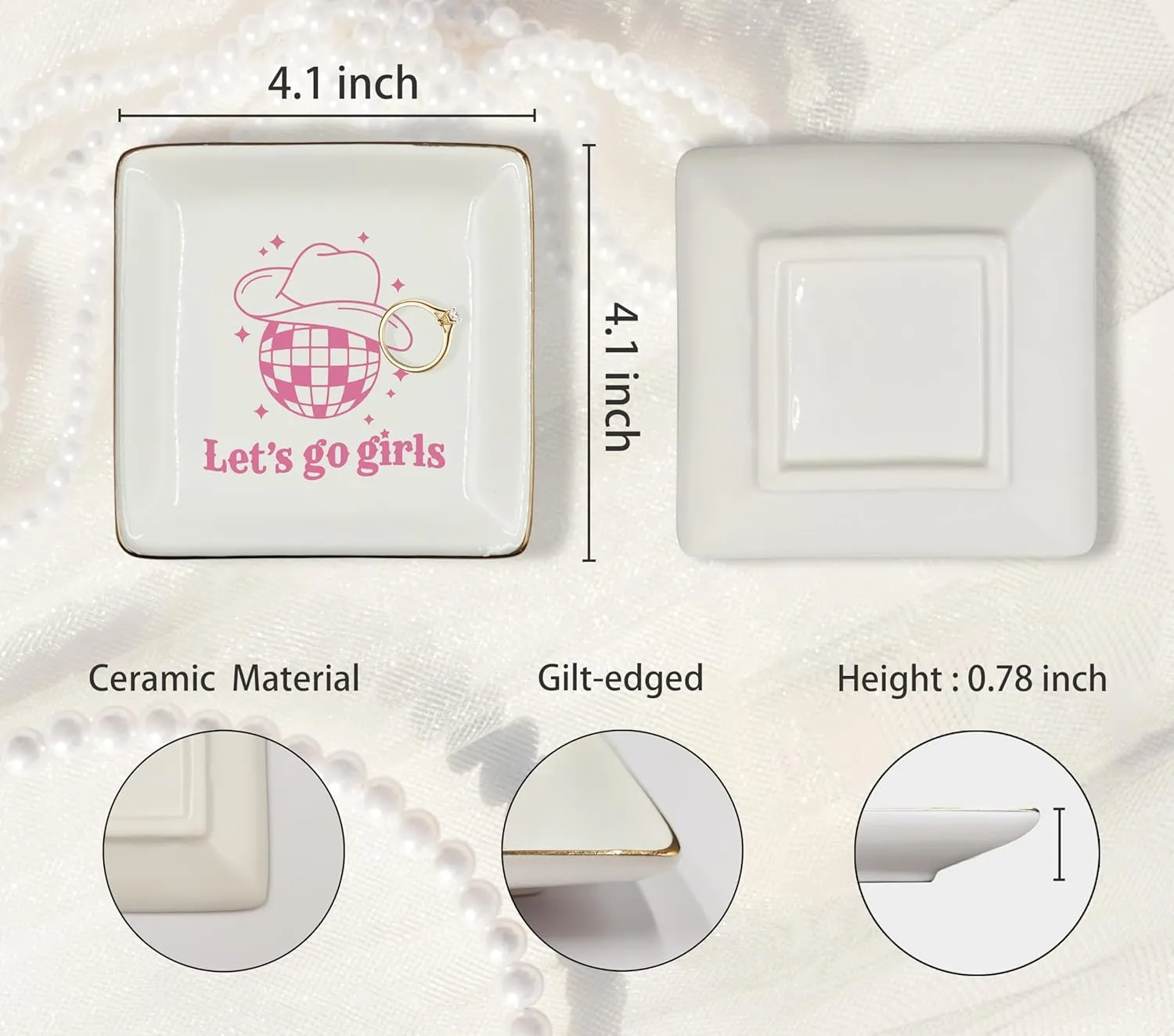 WODMIS Western Cowgirl Ceramic Jewelry Tray Dish, Pink Cowgirls Jewelry Plate, Let's Go Preppy Cowgirls Disco Ball Ring Trinket Dish, Cowgirl Birthday Gift For Women Cowgirls