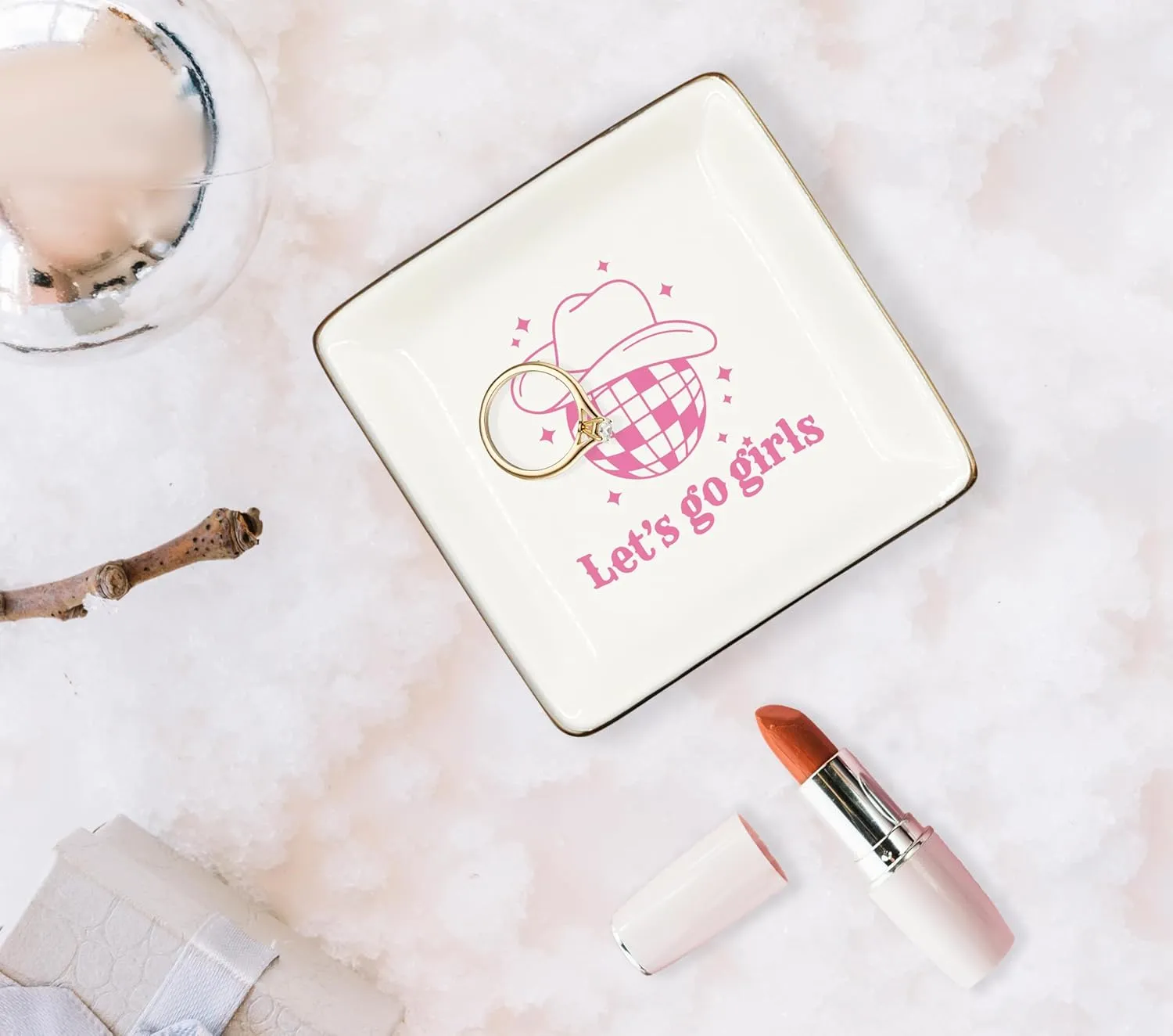 WODMIS Western Cowgirl Ceramic Jewelry Tray Dish, Pink Cowgirls Jewelry Plate, Let's Go Preppy Cowgirls Disco Ball Ring Trinket Dish, Cowgirl Birthday Gift For Women Cowgirls