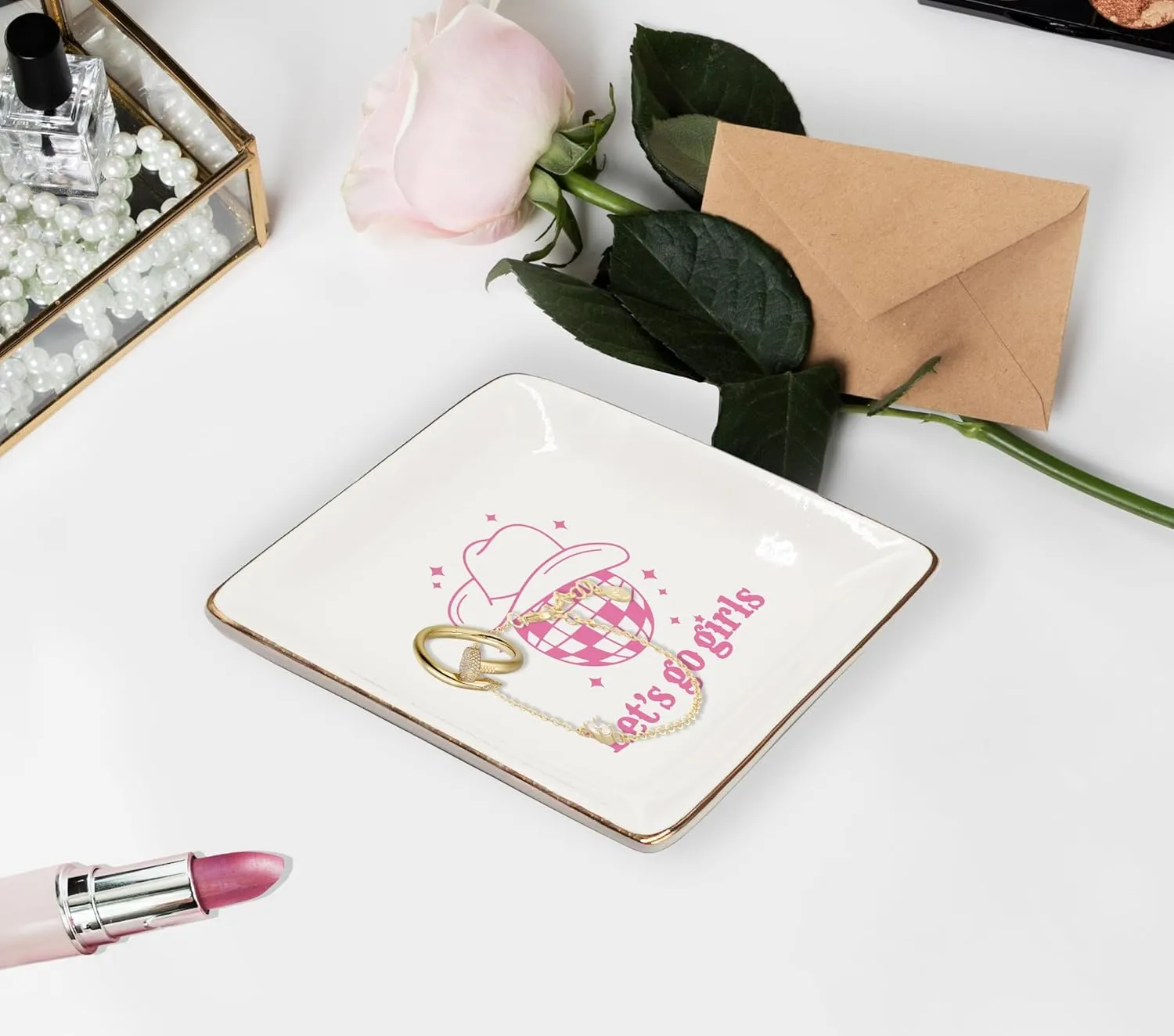 WODMIS Western Cowgirl Ceramic Jewelry Tray Dish, Pink Cowgirls Jewelry Plate, Let's Go Preppy Cowgirls Disco Ball Ring Trinket Dish, Cowgirl Birthday Gift For Women Cowgirls