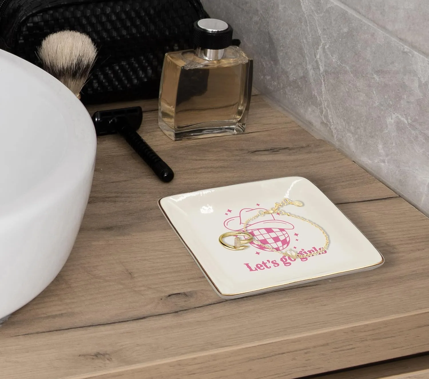 WODMIS Western Cowgirl Ceramic Jewelry Tray Dish, Pink Cowgirls Jewelry Plate, Let's Go Preppy Cowgirls Disco Ball Ring Trinket Dish, Cowgirl Birthday Gift For Women Cowgirls