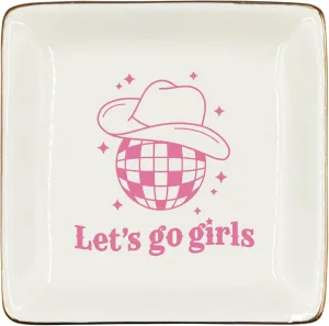 WODMIS Western Cowgirl Ceramic Jewelry Tray Dish, Pink Cowgirls Jewelry Plate, Let's Go Preppy Cowgirls Disco Ball Ring Trinket Dish, Cowgirl Birthday Gift For Women Cowgirls