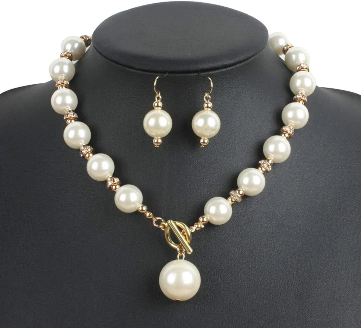 Women Elegant Jewelry Set Rhinestone Imitate Pearl Strand Choker Necklace and Earrings Suit