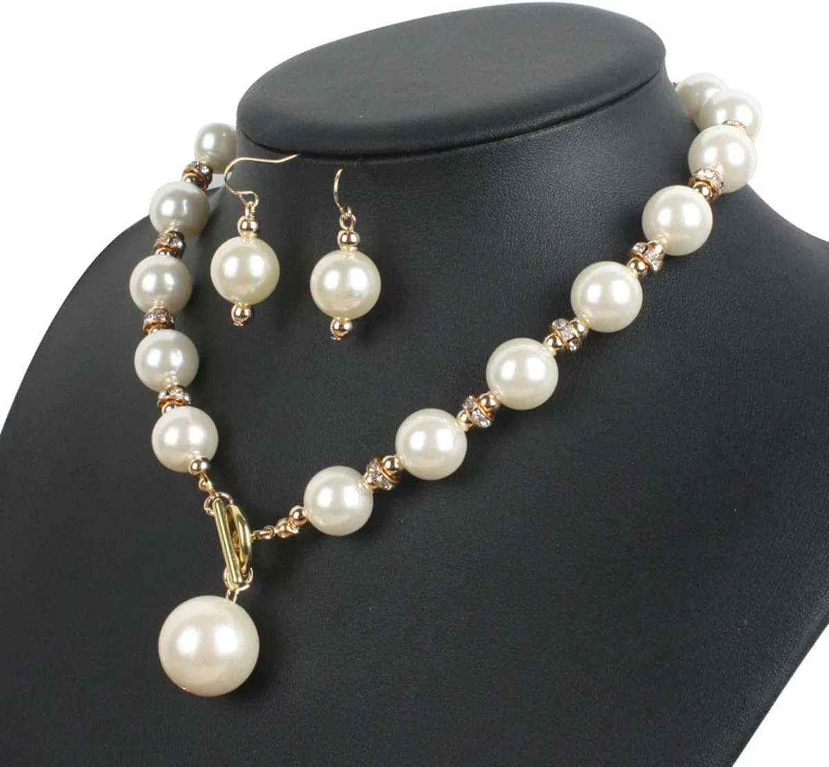 Women Elegant Jewelry Set Rhinestone Imitate Pearl Strand Choker Necklace and Earrings Suit