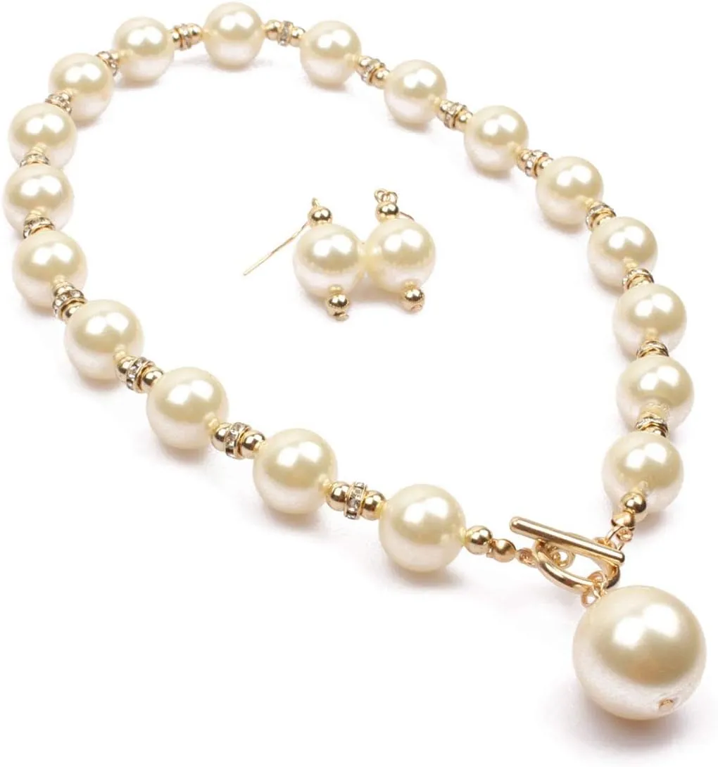 Women Elegant Jewelry Set Rhinestone Imitate Pearl Strand Choker Necklace and Earrings Suit