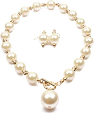 Women Elegant Jewelry Set Rhinestone Imitate Pearl Strand Choker Necklace and Earrings Suit