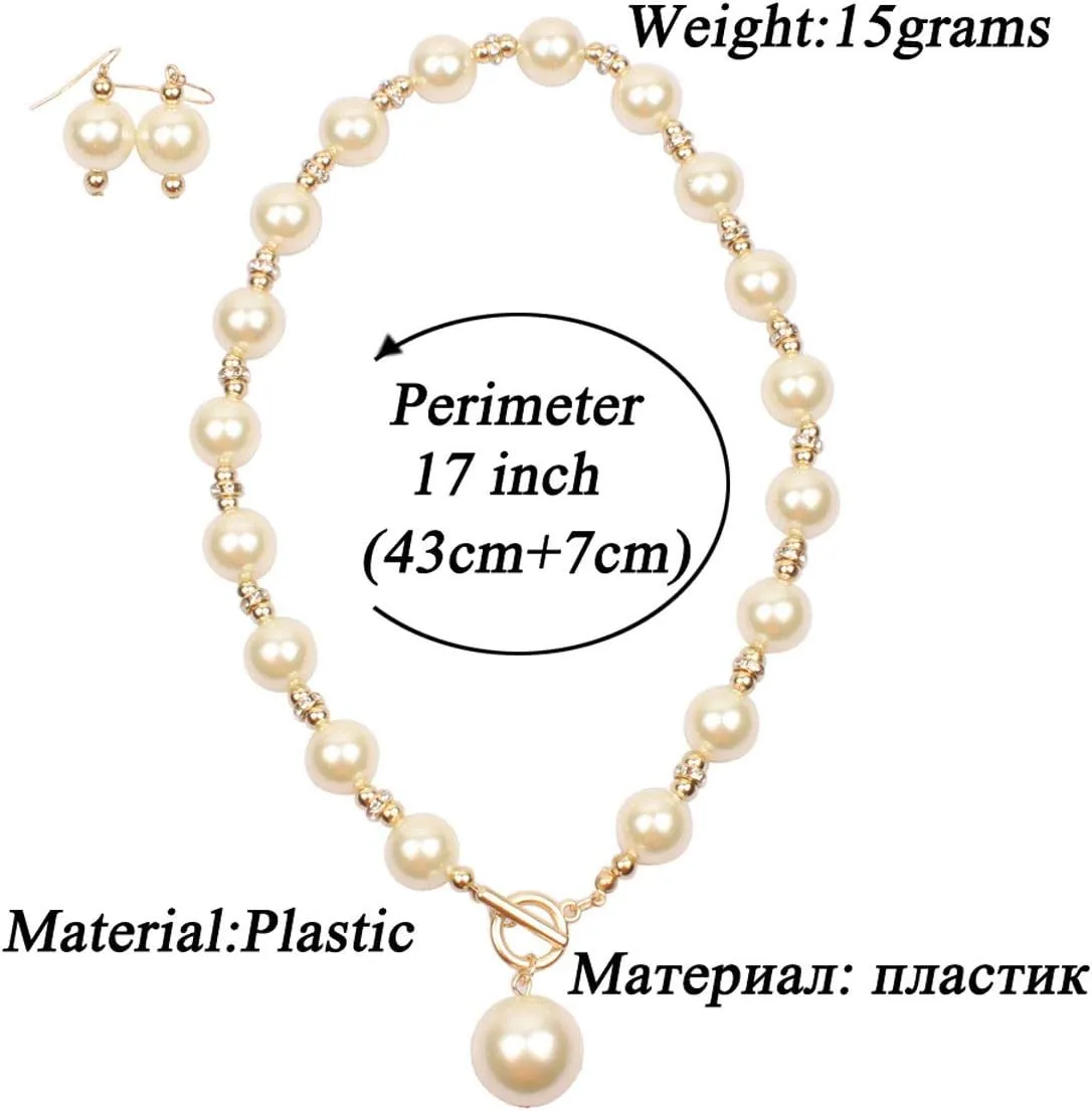 Women Elegant Jewelry Set Rhinestone Imitate Pearl Strand Choker Necklace and Earrings Suit