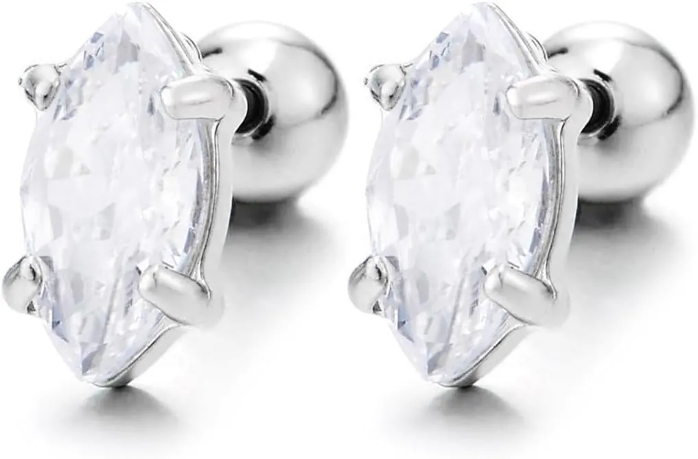 Women Marquise-Cut Cubic Zirconia Stud Earrings, Steel Elegant Minimalist Earrings, Screw Back