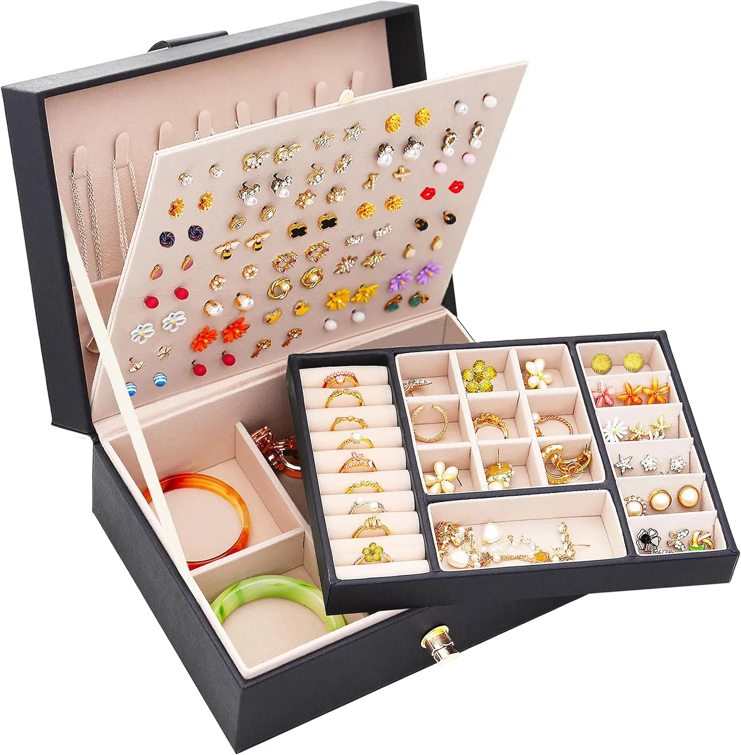 Womens Earrings Jewelry Box for Earrings Necklaces Rings, Womens Stud Earring Organizer Box Earring Storage Case Jewelry Organizer Box for Girls Stud Earring Holder Organizer Box balck