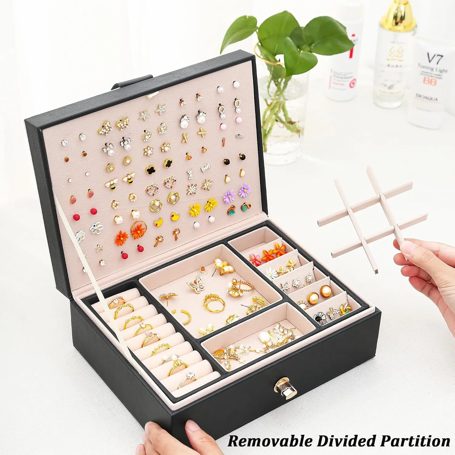 Womens Earrings Jewelry Box for Earrings Necklaces Rings, Womens Stud Earring Organizer Box Earring Storage Case Jewelry Organizer Box for Girls Stud Earring Holder Organizer Box balck