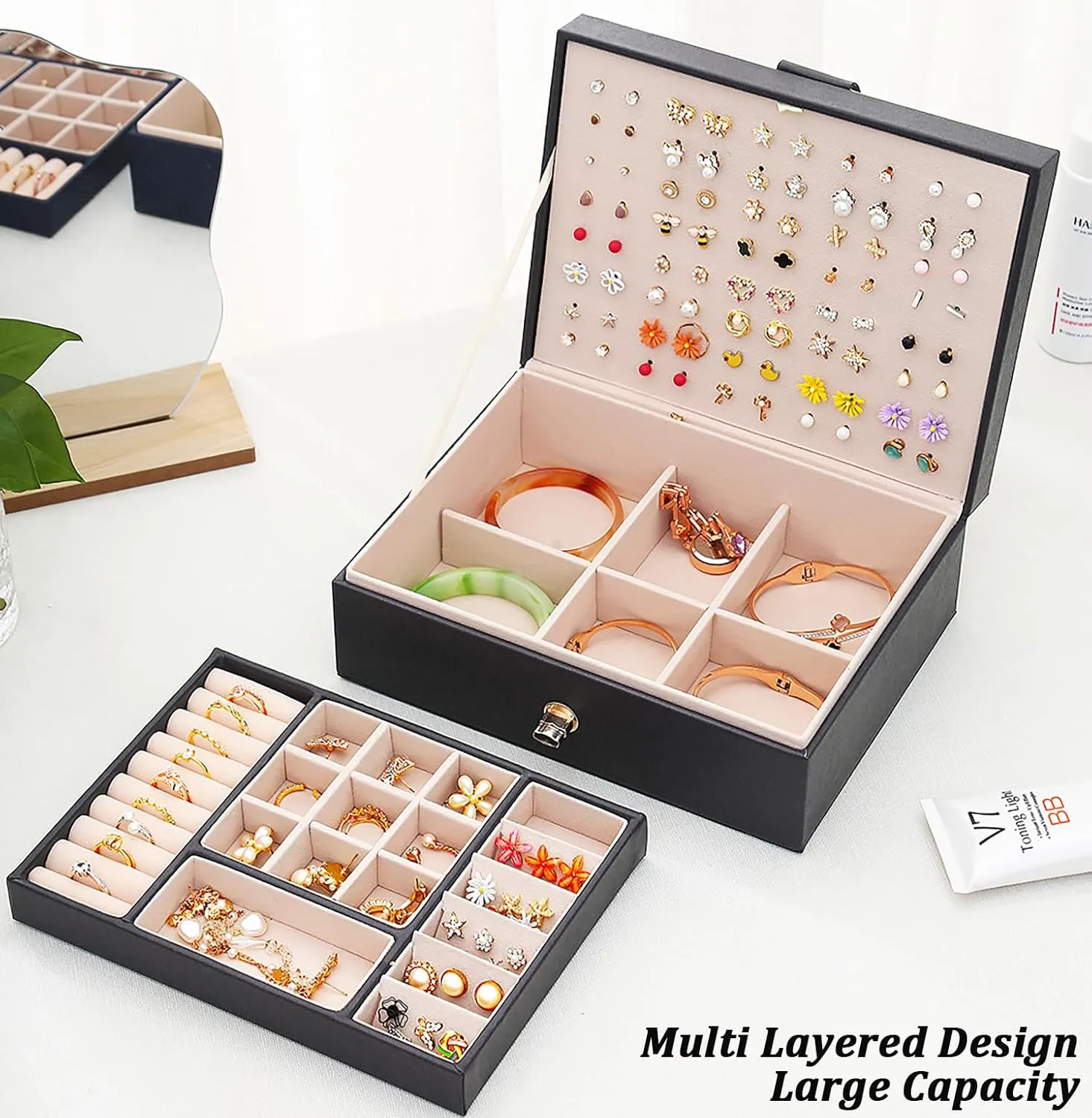 Womens Earrings Jewelry Box for Earrings Necklaces Rings, Womens Stud Earring Organizer Box Earring Storage Case Jewelry Organizer Box for Girls Stud Earring Holder Organizer Box balck