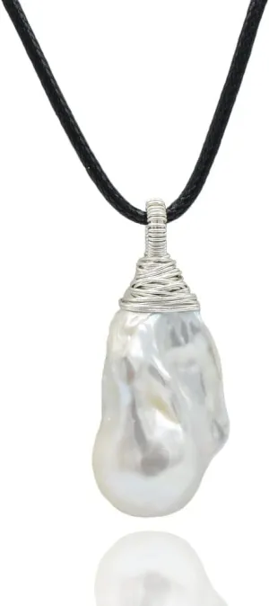 Women's Pendant White Large Baroque Pearl Sterling Silver Pendant Drop Shape Pearl Pendant Women's Black Rope Necklace