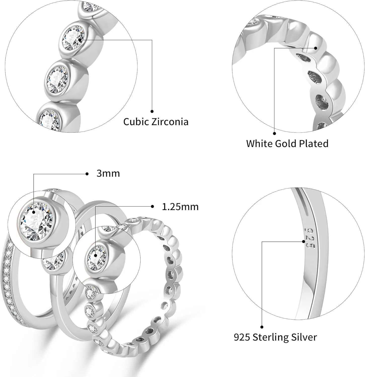 Womens Stackable Rings Set Gold Plated Wedding Bands 925 Sterling Silver Eternity Rings Statement Rings with Cubic Zirconia Size 5-10
