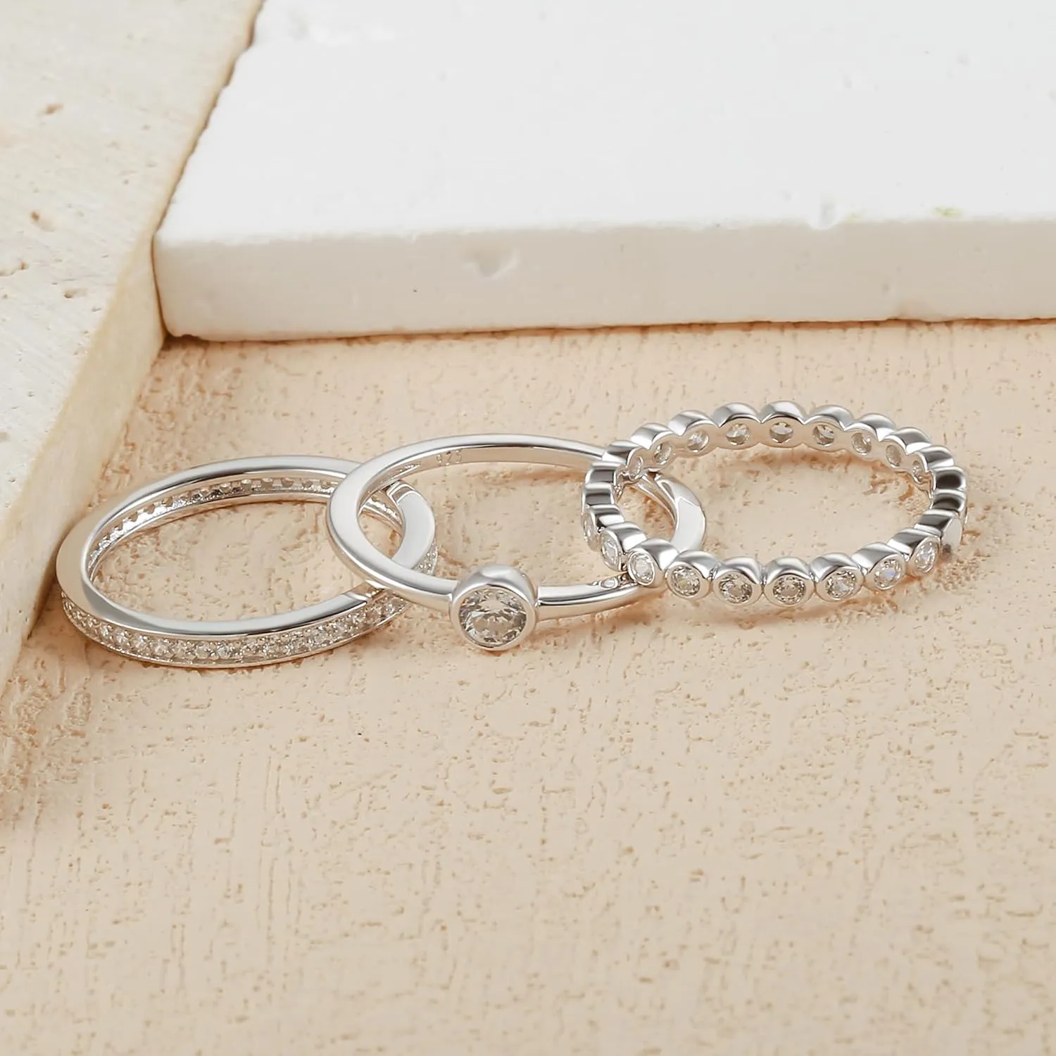 Womens Stackable Rings Set Gold Plated Wedding Bands 925 Sterling Silver Eternity Rings Statement Rings with Cubic Zirconia Size 5-10