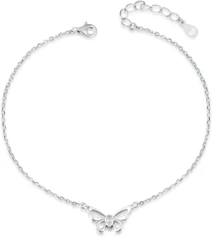 Womens Sterling Silver Anklet Adjustable w/Butterfly Dainty Charms Fashionable Summer Beach Foot Ankle Bracelet Jewelry