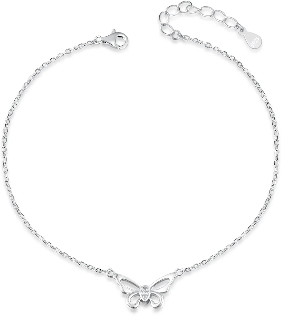 Womens Sterling Silver Anklet Adjustable w/Butterfly Dainty Charms Fashionable Summer Beach Foot Ankle Bracelet Jewelry
