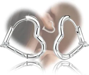 Womens Sterling Silver Heart-Shaped Hoop Earrings Hypoallergenic Lightweight Cubic Zirconia Elegant Love Heart Hoop Earrings