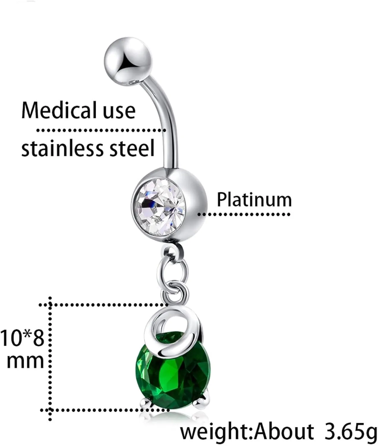 Wycian Belly Button Rings Halloween, Silver Belly Chain Cubic Zirconia Surgical Steel Round 3.65G for Women Girls Body Piercing Jewelry