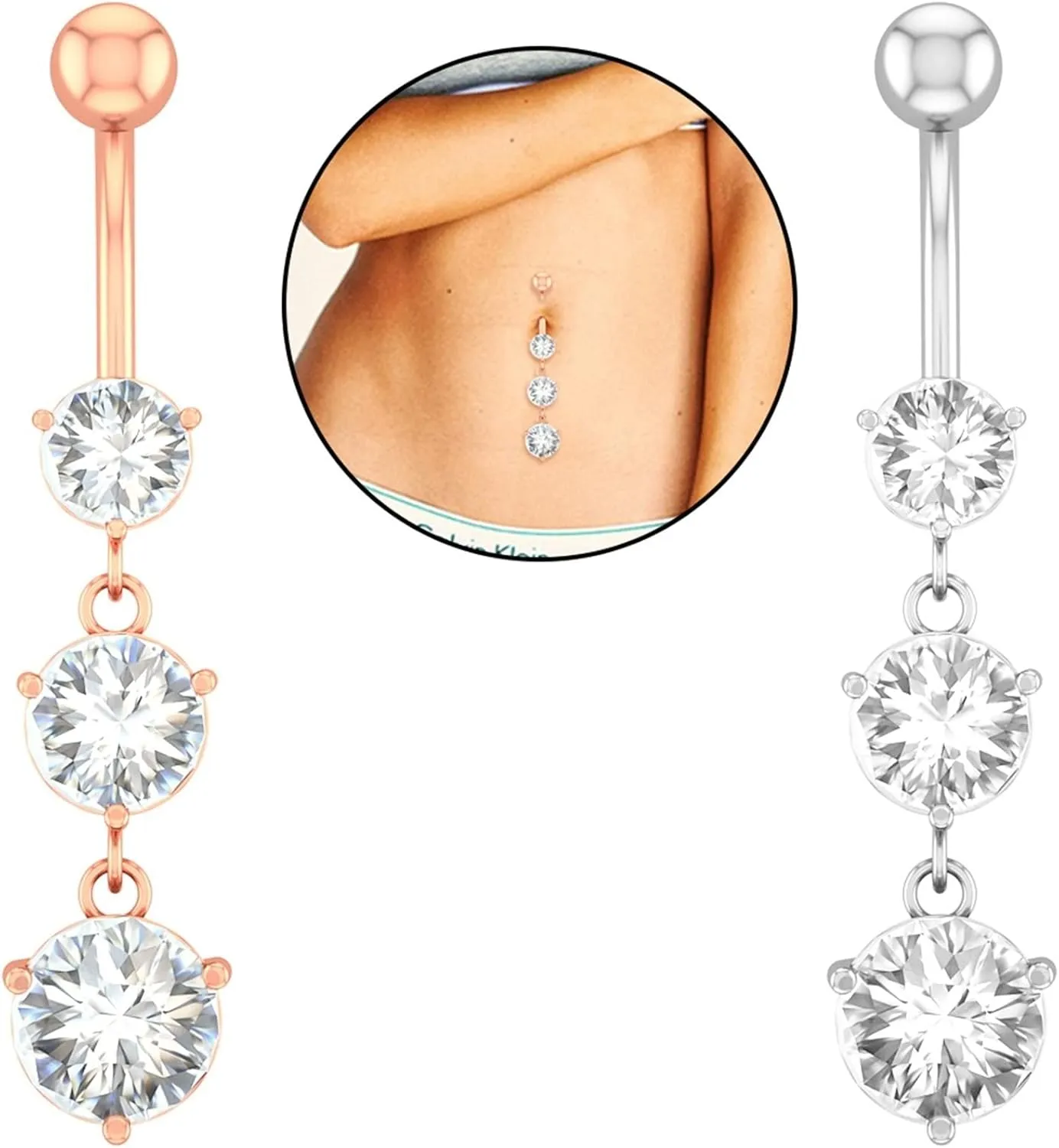 Wycian Belly Ring, Belly Rings Jewelry Women Cubic Zirconia Silver Surgical Steel Three Round for Women Girls Body Piercing Jewelry