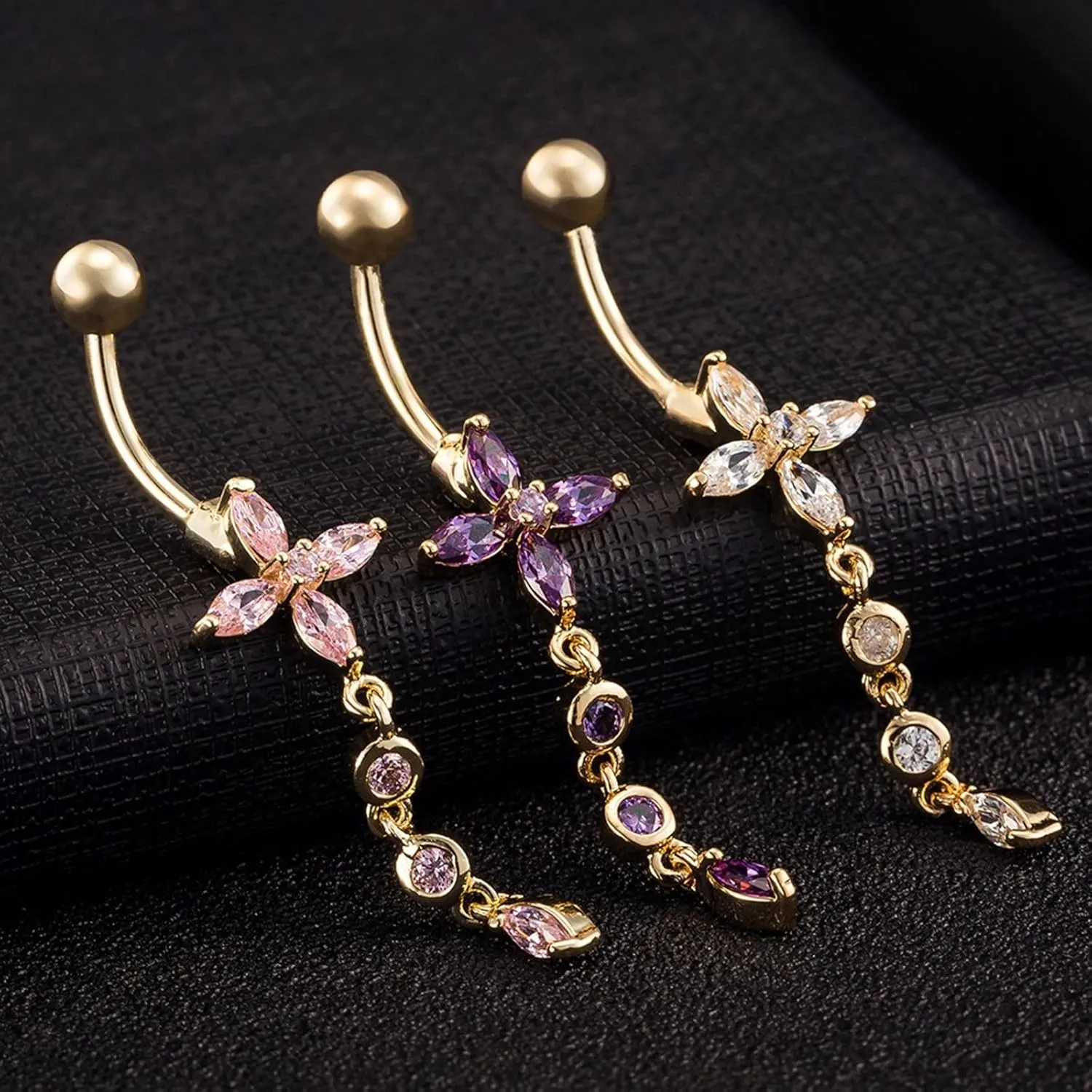 Wycian Belly Ring Chain, Belly Button Ring Aesthetic Cubic Zirconia Gold Alloy Flower Tassel 2.15G for Women Girls Body Piercing Jewelry