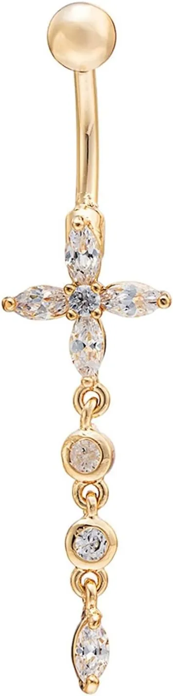 Wycian Belly Ring Chain, Belly Button Ring Aesthetic Cubic Zirconia Gold Alloy Flower Tassel 2.15G for Women Girls Body Piercing Jewelry