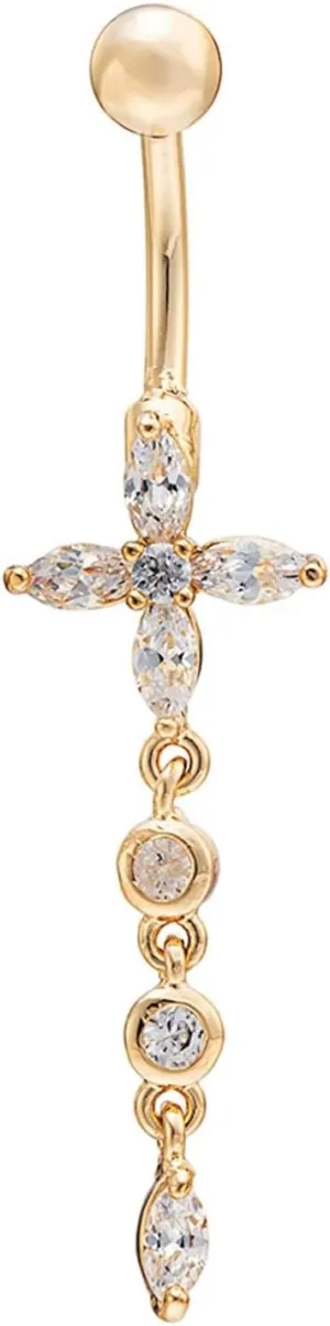 Wycian Belly Ring Chain, Belly Button Ring Aesthetic Cubic Zirconia Gold Alloy Flower Tassel 2.15G for Women Girls Body Piercing Jewelry