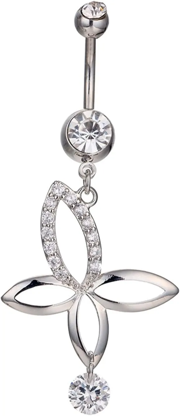 Wycian Body Jewelry Piercing, Navel Rings Hypoallergenic Cubic Zirconia Silver Plated Base Butterfly Hollow 4.28G for Women Mother Body Piercing Jewelry