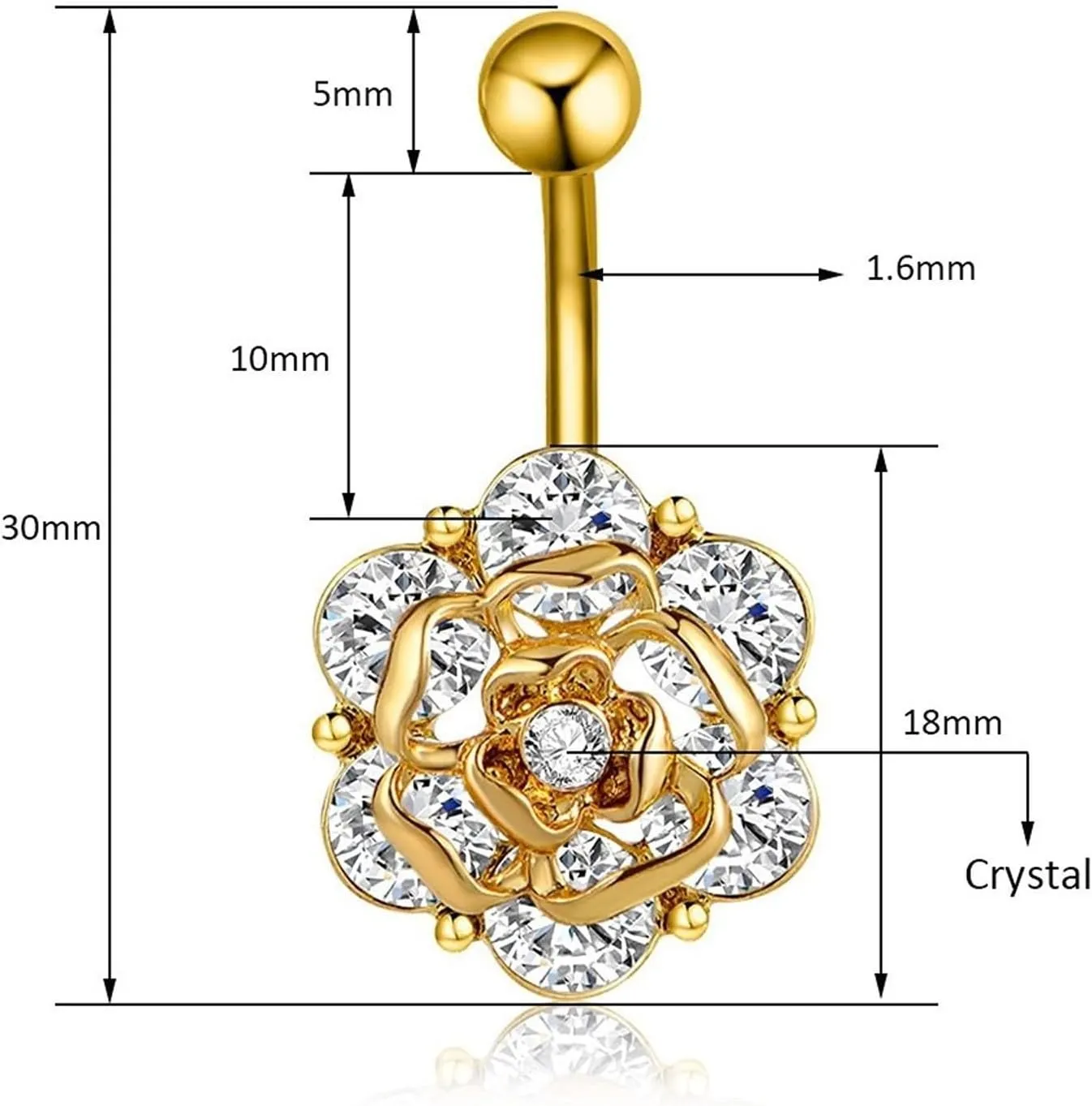 Wycian Lower Belly Ring, Stainless Steel Belly Ring Cubic Zirconia Silver Rose Flower White 5G for Women Girls Body Piercing Jewelry