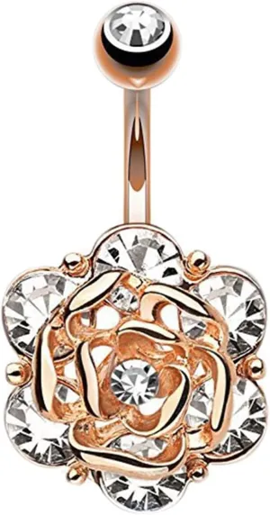 Wycian Lower Belly Ring, Stainless Steel Belly Ring Cubic Zirconia Silver Rose Flower White 5G for Women Girls Body Piercing Jewelry